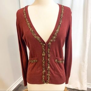 Calvin Klein Feathered Trim Maroon Cardigan w/ Pockets